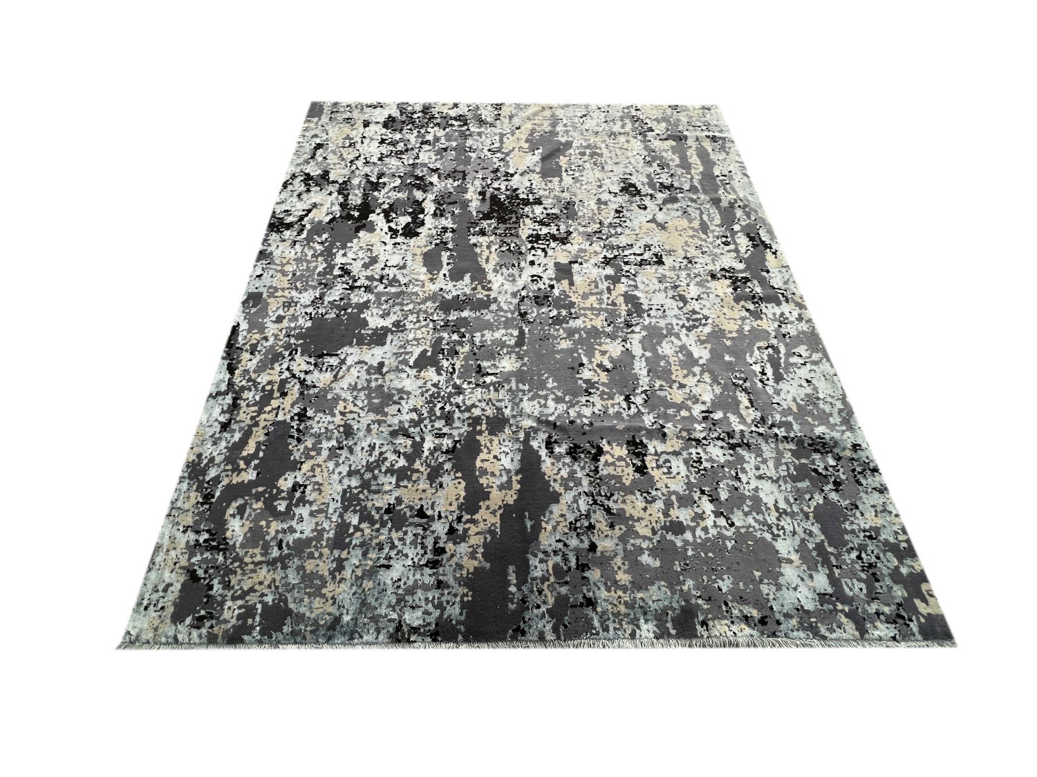 فرش پشمی ماشینی طبیعی و ارگانیک کد 5096 - زمینه طوسی پر رنگ - حاشیه آبی کم رنگ