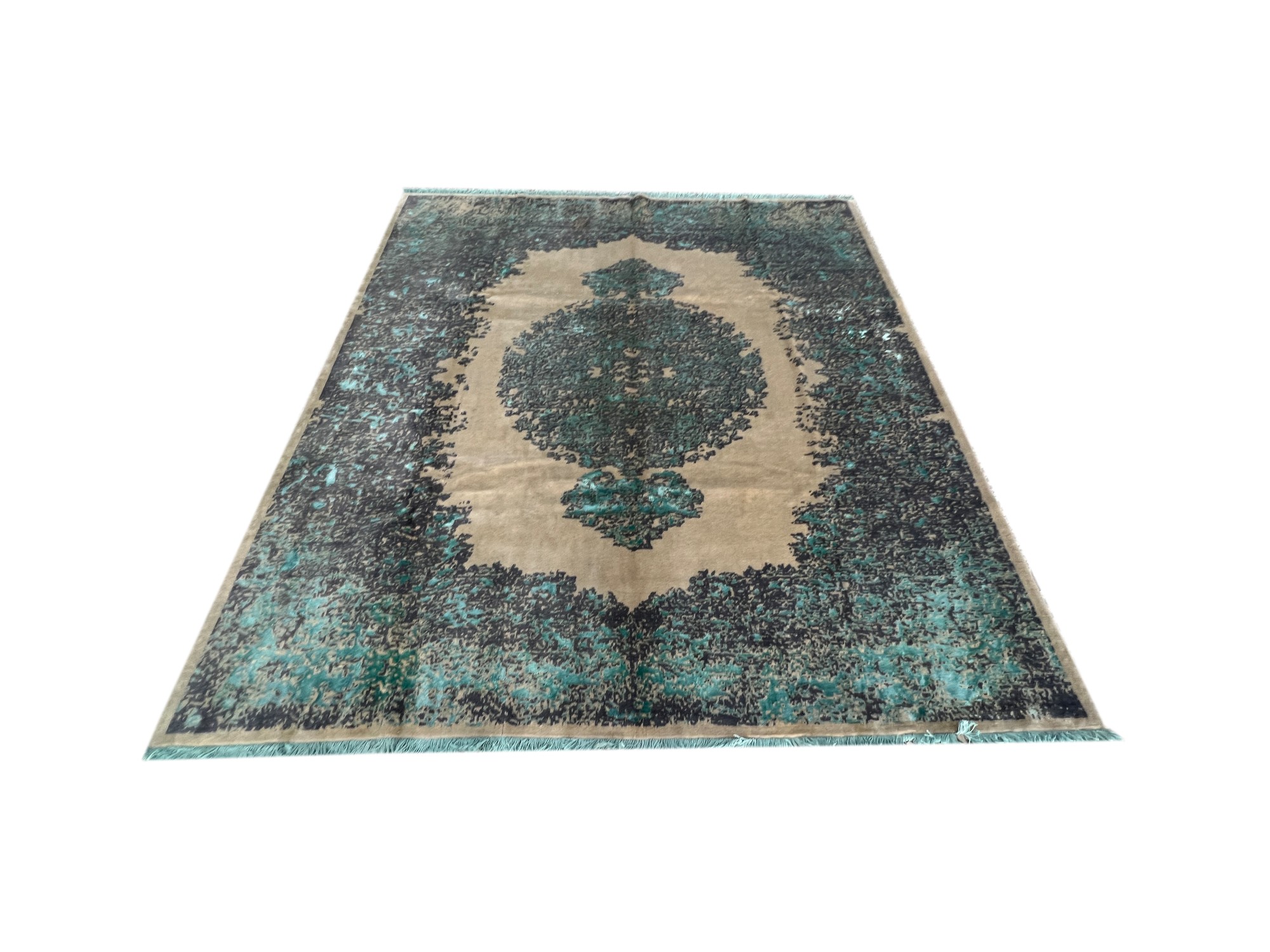 فرش پشمی ماشینی طبیعی و ارگانیک کد 0093 - زمینه کرم - حاشیه آبی کم رنگ