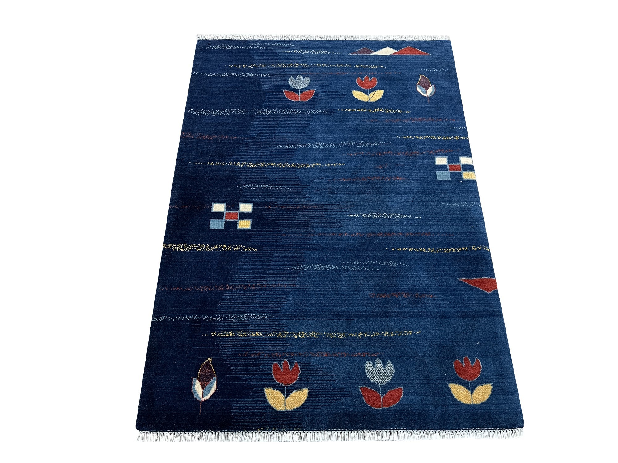 فرش پشمی ماشینی طبیعی و ارگانیک کد 0025 - زمینه سرمه ای - حاشیه آبی پر رنگ